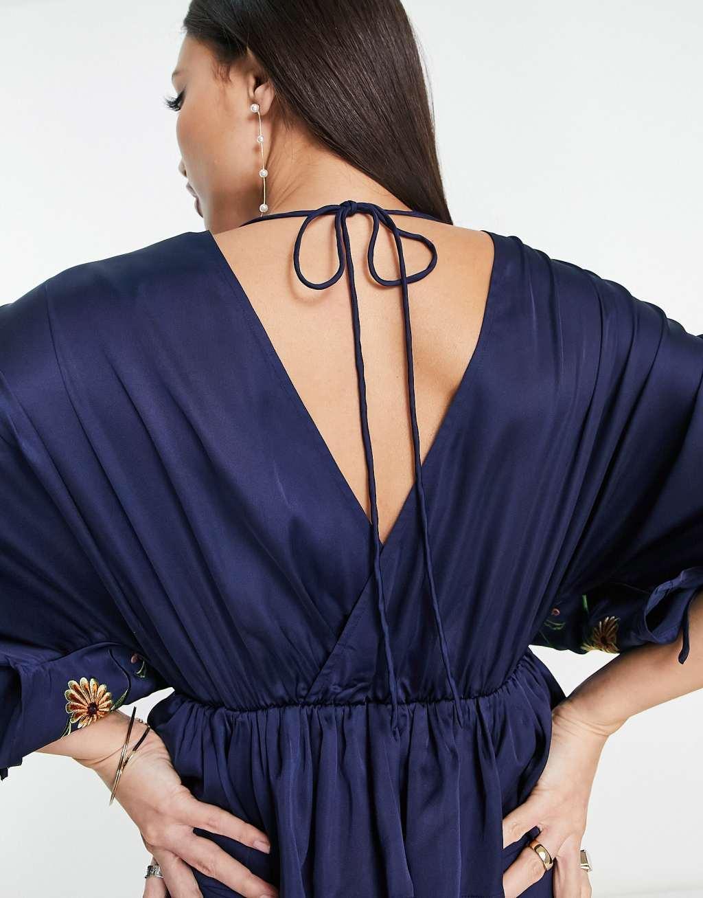 ASOS DESIGN Tall embroidered satin midi dress with frill waist in navy Product Image