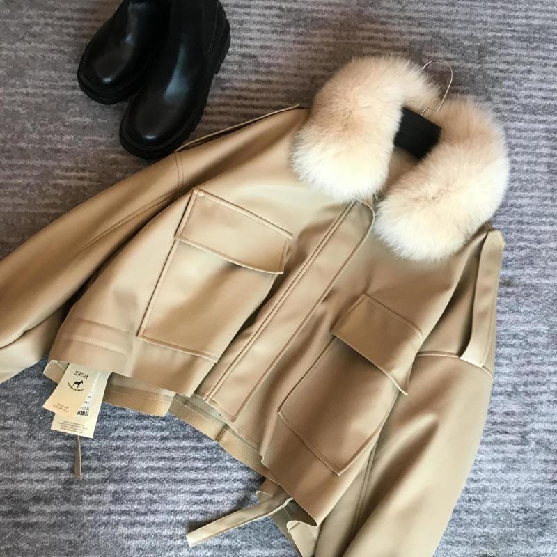 Plain Fluffy Trim Faux Leather Zip Jacket Product Image