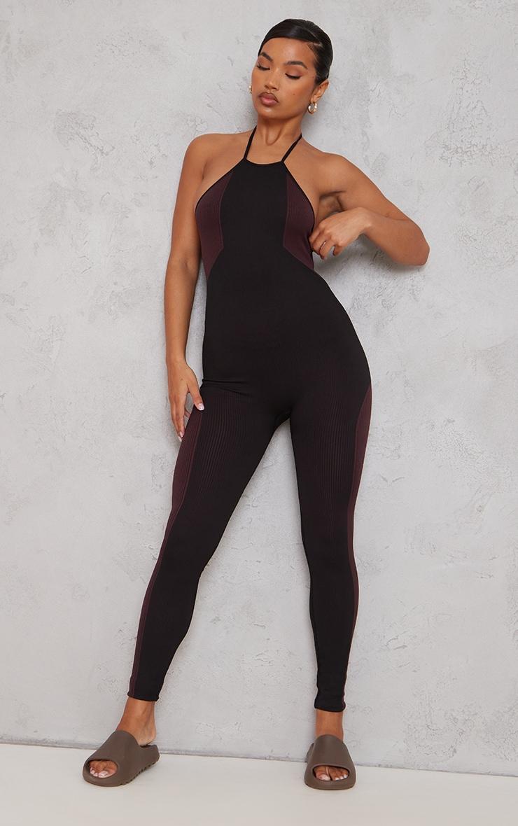 Black Structured Snatched Rib Contrast Panel Halterneck Jumpsuit Product Image