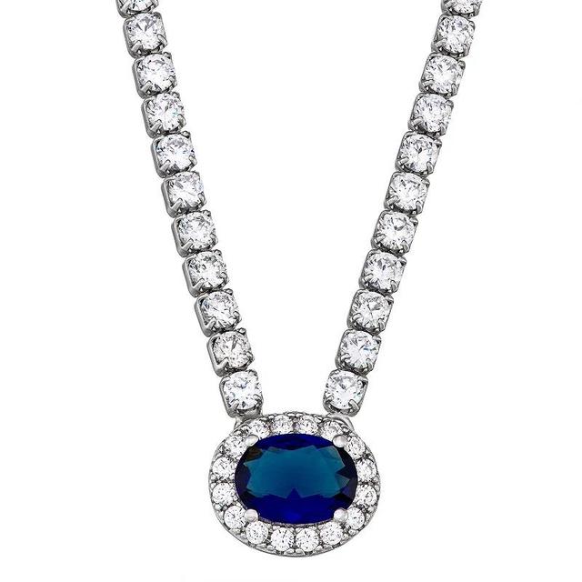 Sterling Silver Cubic Zirconia Halo Medallion Necklace, Womens Blue Product Image