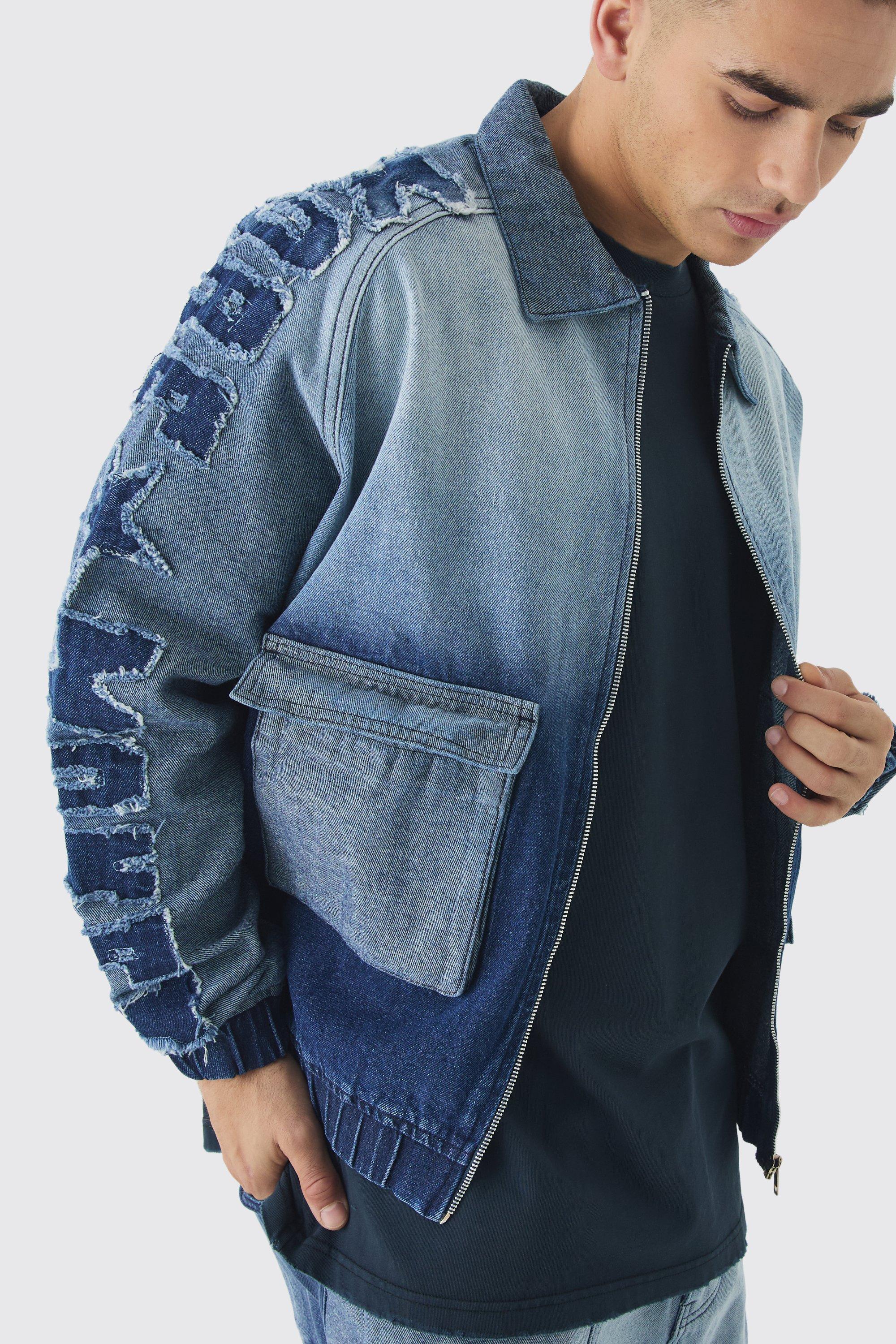 Oversized Star Applique Denim Bomber | boohooMAN USA Product Image