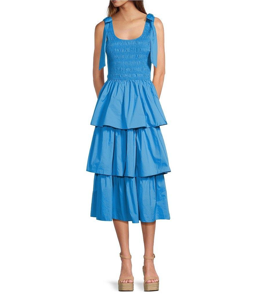 Skies Are Blue Poplin Square Neck Tie Strap Sleeveless Ruffle Tiered Midi Dress Product Image