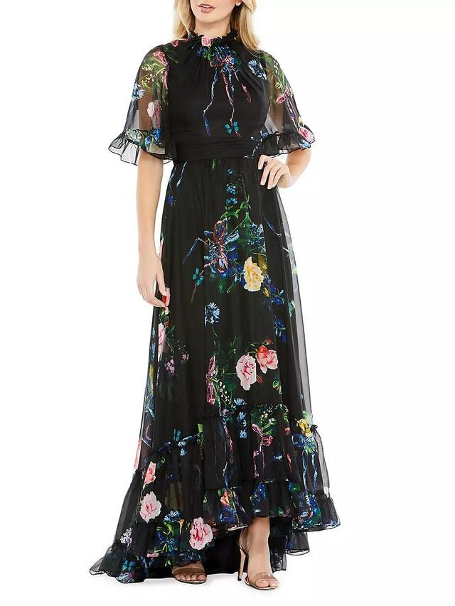 Floral High-Neck Flutter-Sleeve Gown Product Image