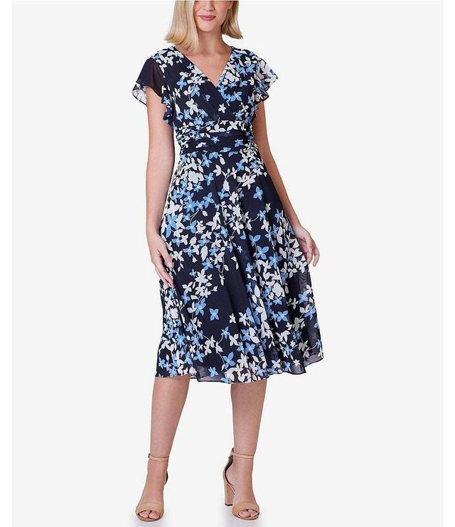 Jessica Howard Petite Size Short Flutter Sleeve V-Neck Floral Midi Dress Product Image