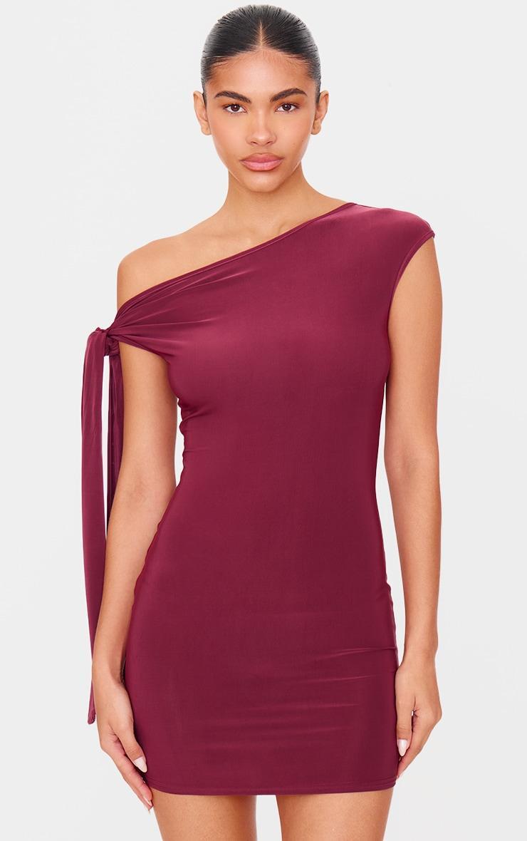 Plum Slinky Asymmetric Tie Shoulder Mini Dress Product Image