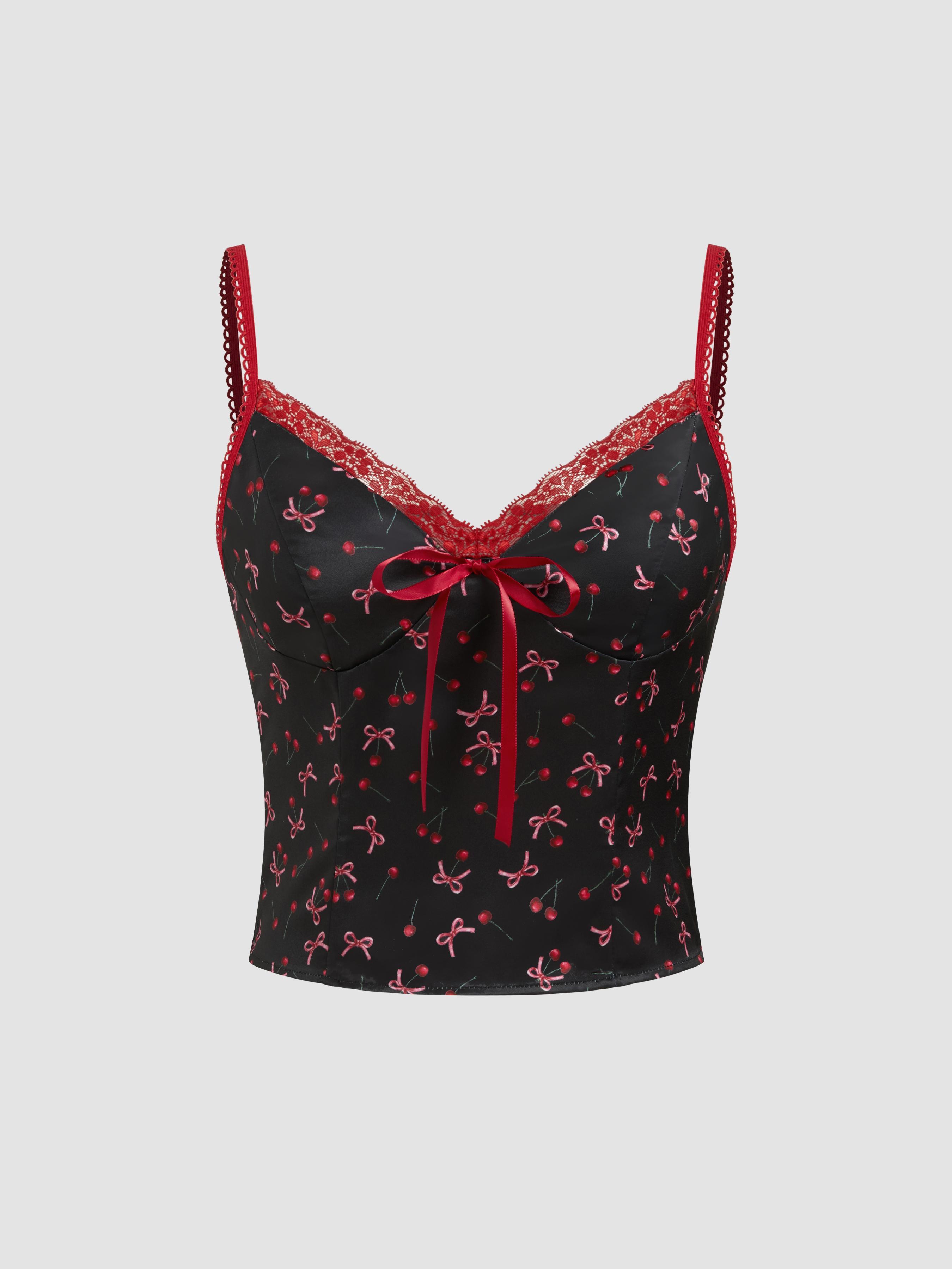 Satin V-neck Cherry Bowknot Lace Trim Cami Product Image