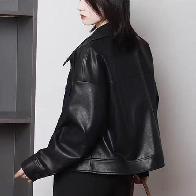 Collared Plain Button-Up Faux Leather Jacket Product Image