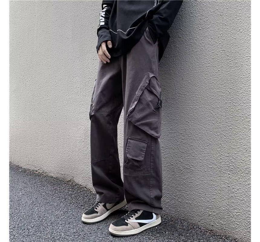 High Waist Plain Wide Leg Cargo Pants Product Image