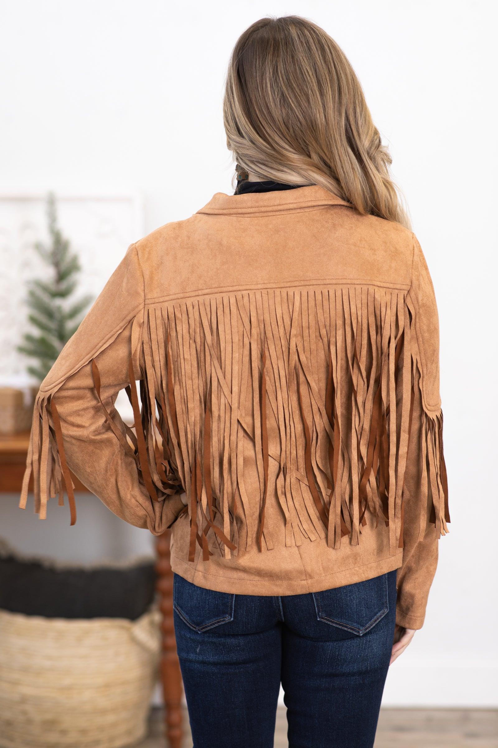 Camel Vegan Suede Jacket With Fringe Product Image