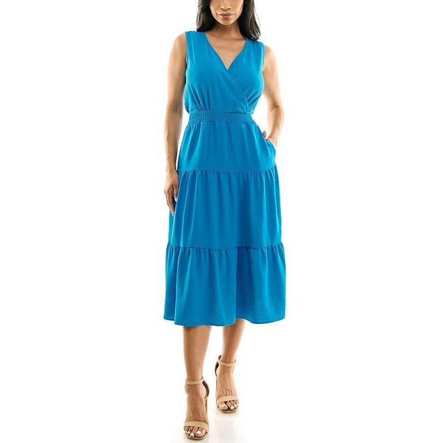 Womens Nina Leonard Tiered Smocked Midi Dress Blue Product Image