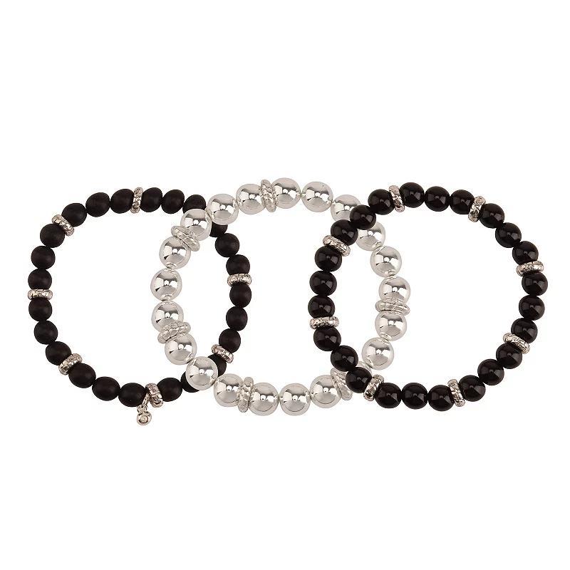 Silver Tone Black Beaded 3 pc. Stretch Bracelet Set, Womens, None Product Image