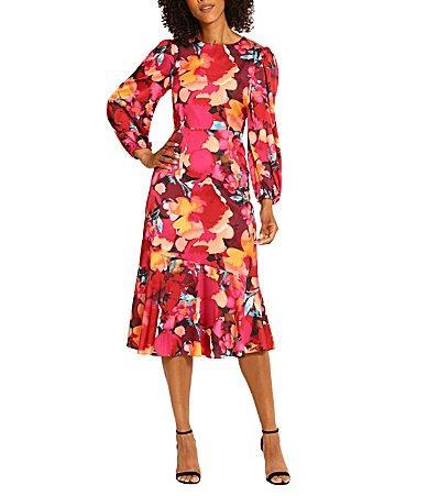 Maggy London Floral Print Crew Neck Long Sleeve Midi Dress Product Image