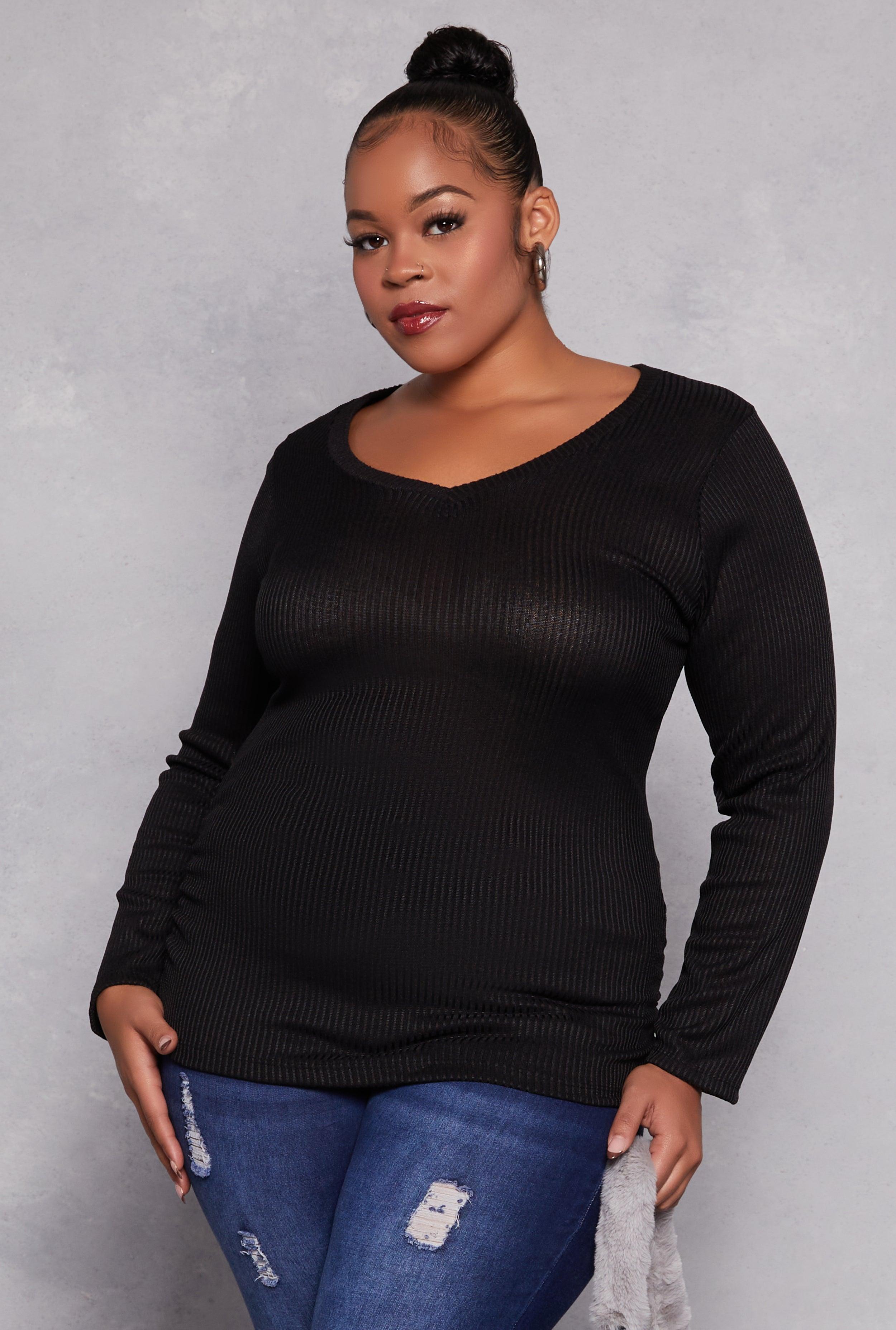 Womens Plus Size Rib Knit Ruched Side V Neck Top product image