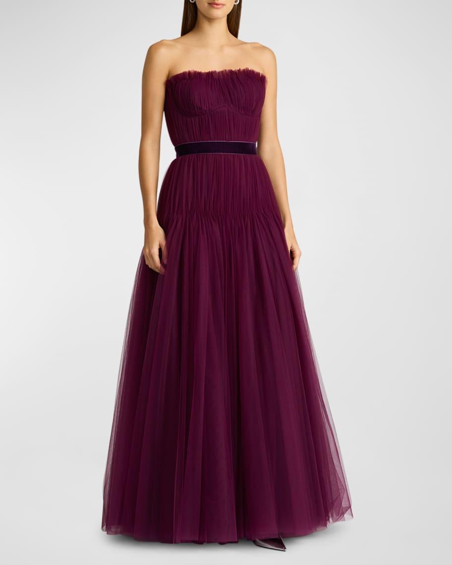 Strapless A-Line Pleated Tulle Gown Product Image