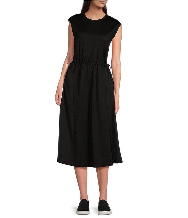 TILLEY Knit Crew Neck Sleeveless Drawcord Waist Pleated Midi A-Line Dress Product Image