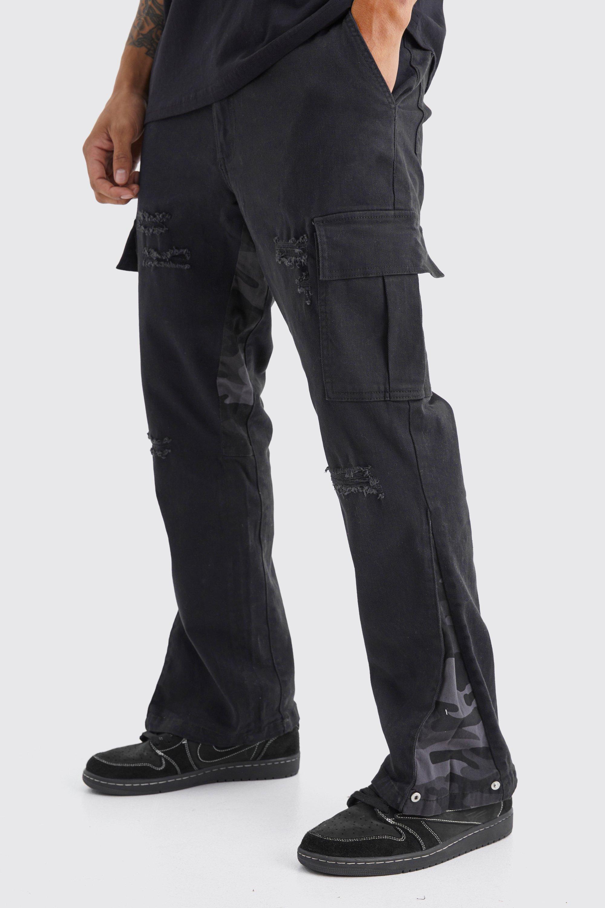 Slim Stacked Flare Camo Gusset Rip And Repair Pants | boohooMAN USA Product Image