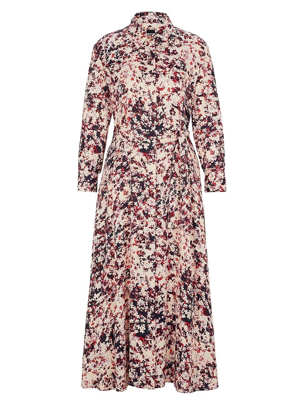 Womens Long Sleeved Shirt Dress in Floral Print Satin Product Image