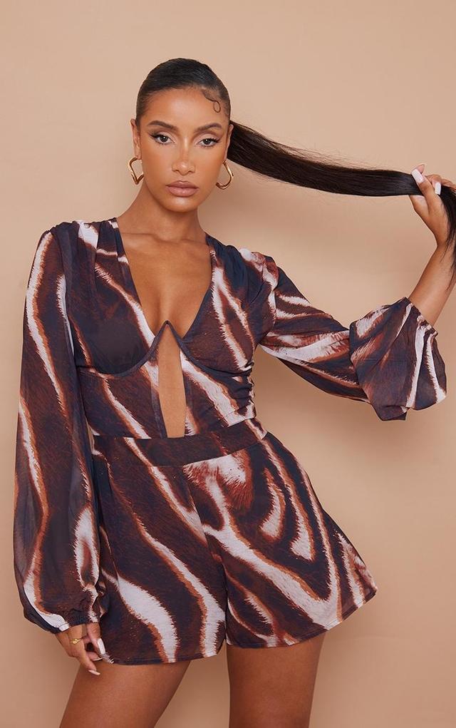 Brown Tiger Print Underwire Chiffon Balloon Sleeve Romper Product Image