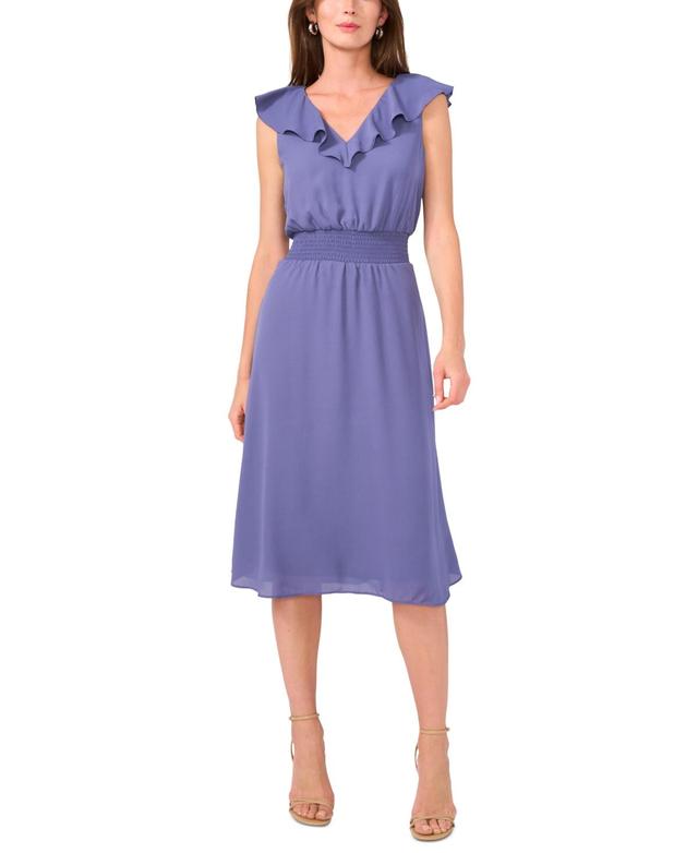 Vince Camuto Womens V-Neck Smocked Ruffled Midi Dress Product Image