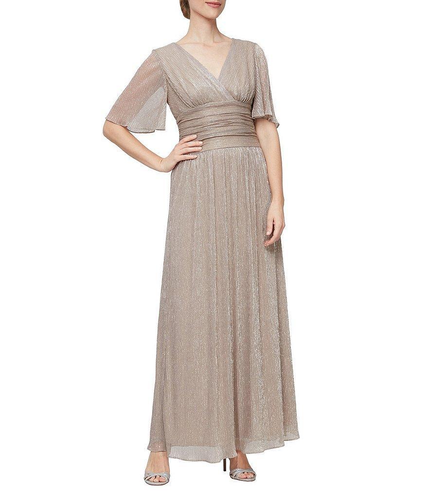 Ignite Evenings Short Flutter Sleeve Surplice V-Neck Ruched Waist A-Line Gown Product Image