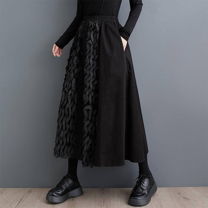 Elastic Waist Plain Paneled Midi A-Line Skirt Product Image