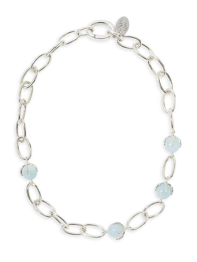 Womens Silver-Plated & Aquamarine Beaded Chain Necklace Product Image