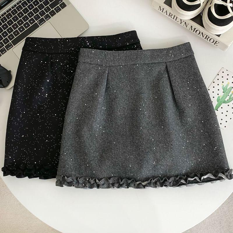 High Waist Lace Trim Glitter Mini A-Line Skirt Product Image