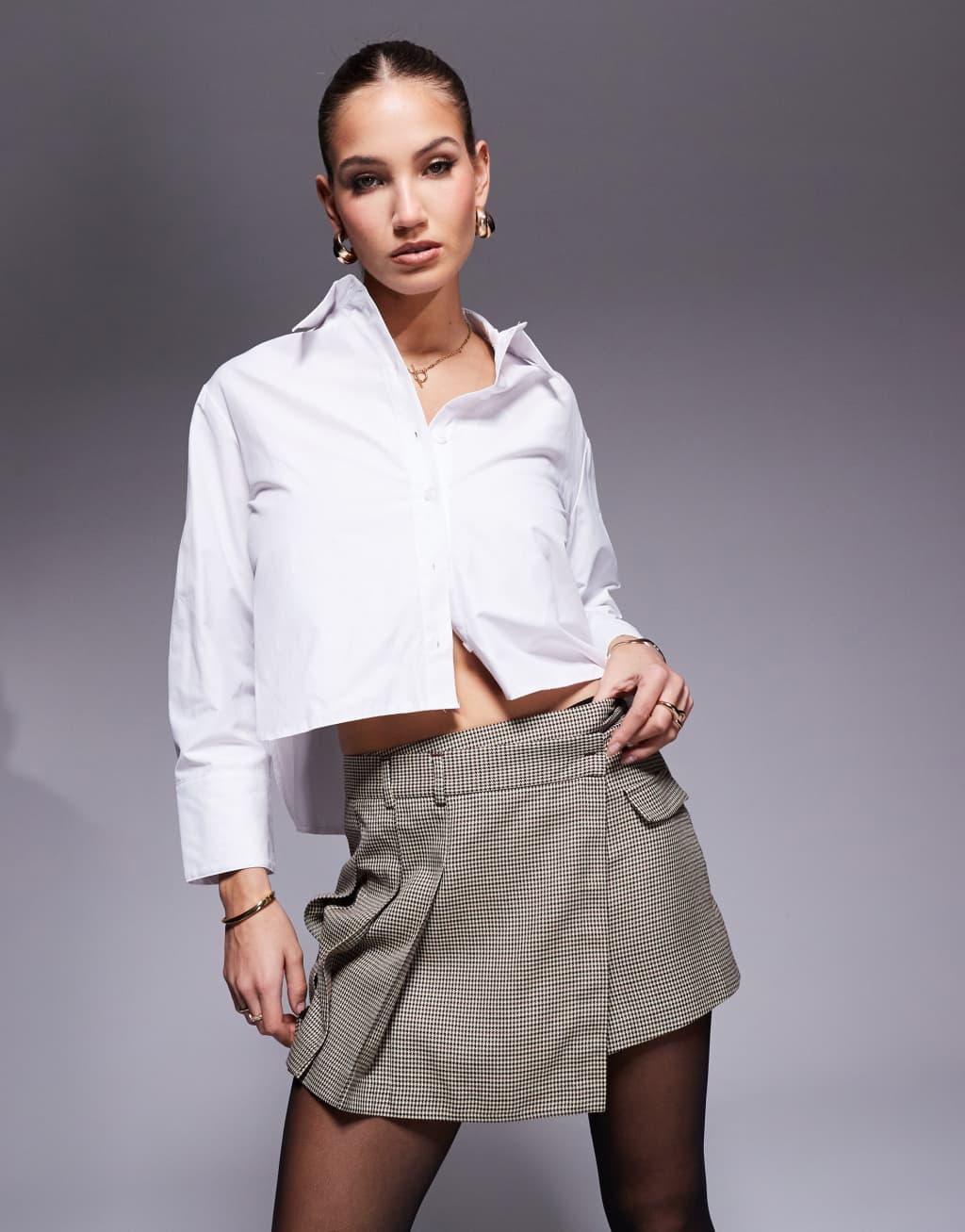 River Island pleated asymmetric plaid skort in beige Product Image