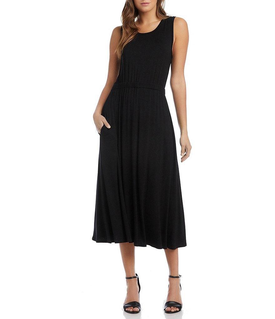 Karen Kane Sleeveless Cinched Waist Jewel Neck Artisan Midi Dress Product Image