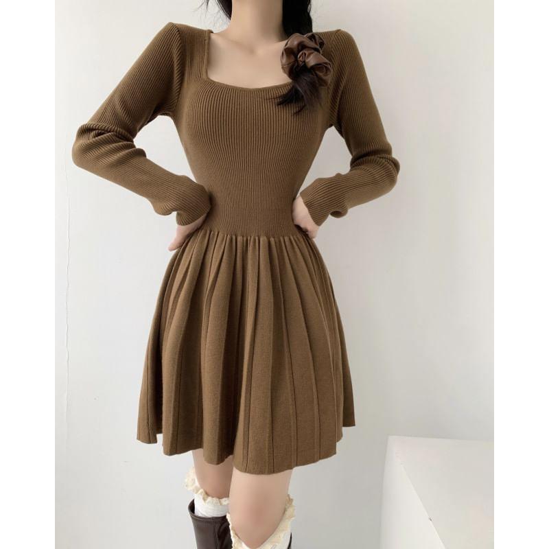 Long-Sleeve Square Neck Accordion Pleated Mini A-Line Knit Dress Product Image