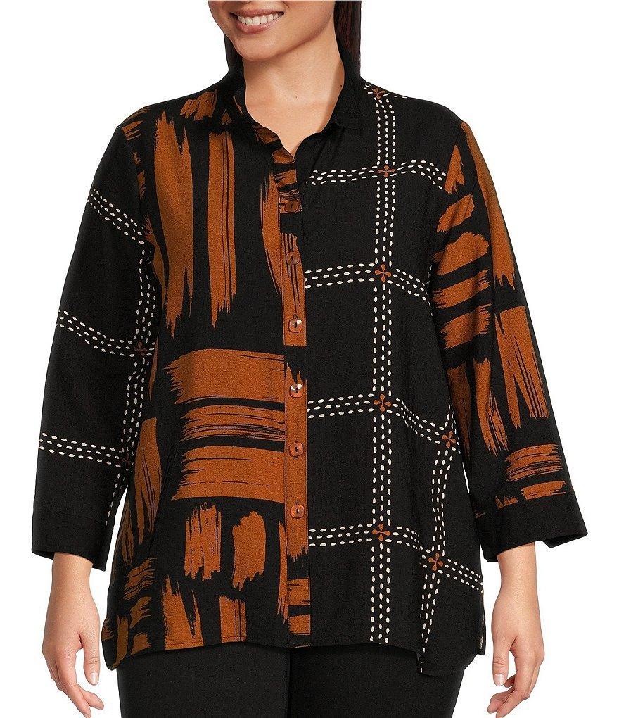 Ali Miles Plus Size Printed Collar 3/4 Sleeve Button Down Top Product Image