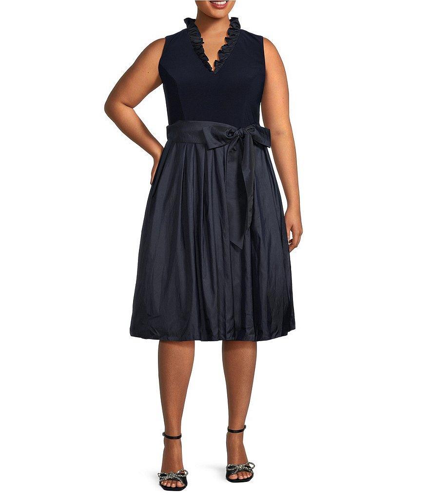 Jessica Howard Plus Size Ruffle V-Neck Sleeveless Tie Waist Pleated Fit and Flare Dress Product Image