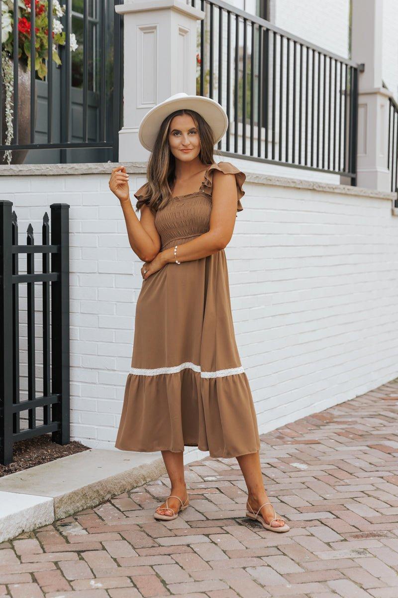 Brown Contrast Flutter Sleeve Midi Dress Female Product Image