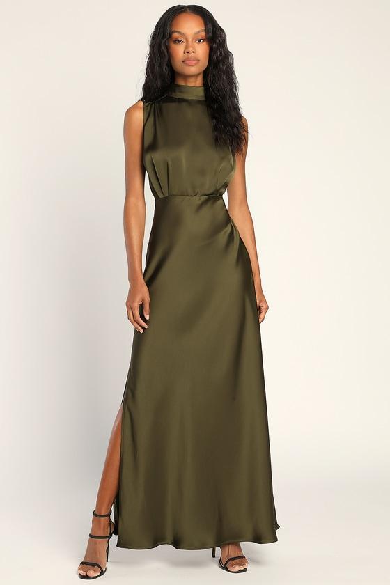 Classic Elegance Olive Satin Sleeveless Mock Neck Maxi Dress Product Image