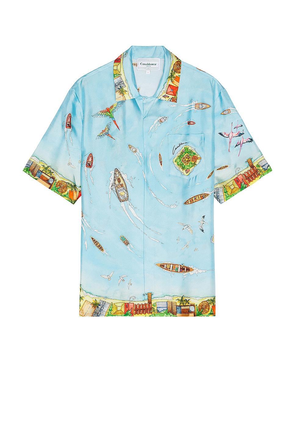 Casablanca Cuban Collar Short Sleeve Shirt Blue. (also in XL). Product Image