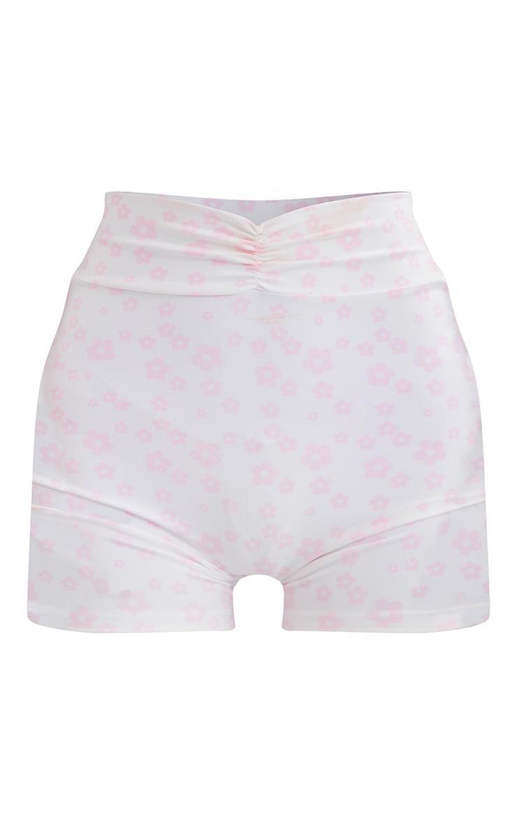 Pink Floral Printed Sculpt Ruched Front Gym Shorts Product Image