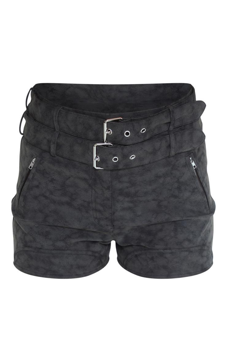 Washed Black Faux Leather Belted Shorts Product Image