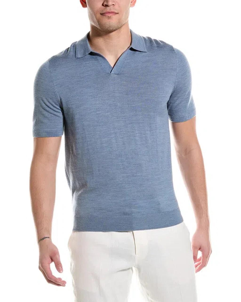 REISS Airforce Blue Duchie Merino Wool Open Collar Polo Shirt Product Image