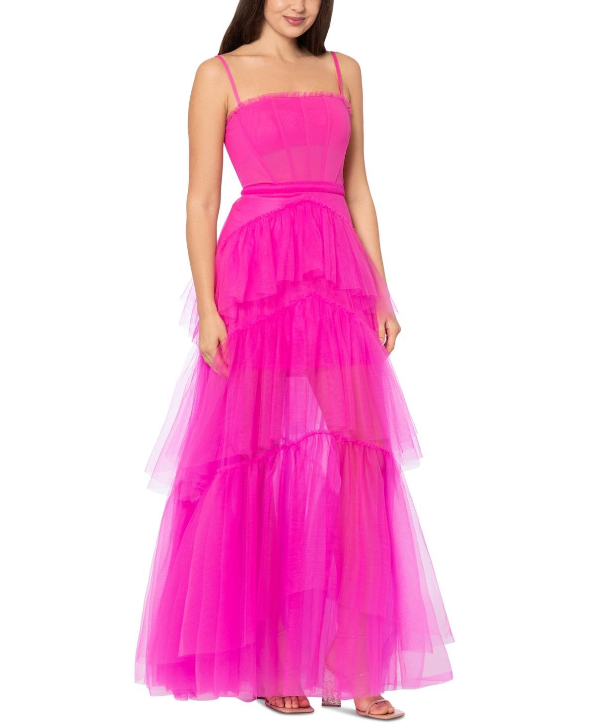 Betsy  Adam Illusion Tiered Ruffled Tulle Square Neck Mesh Sleeveless Gown Product Image