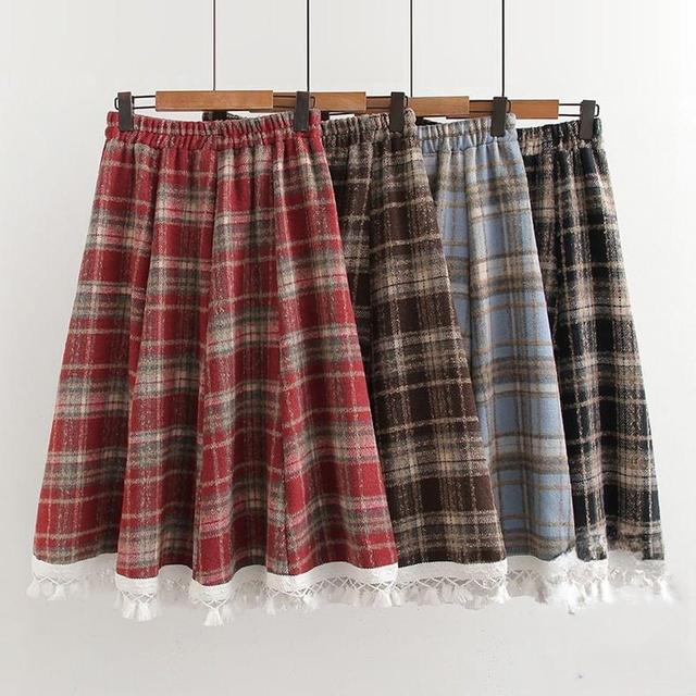 High Waist Plaid Lace Trim Midi A-Line Skirt (Various Designs) Product Image