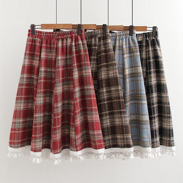 High Waist Plaid Midi A-Line Skirt Product Image