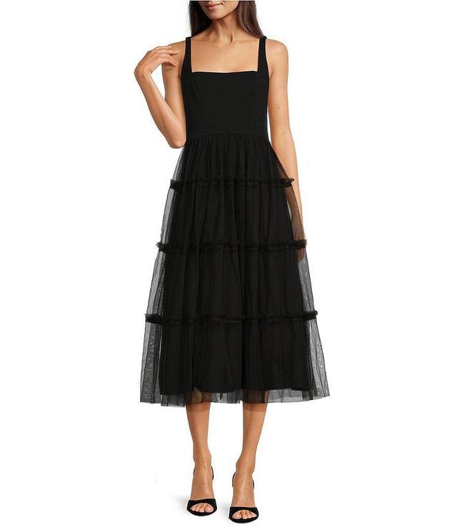 Adrianna by Adrianna Papell Knit Mesh Square Neck Sleeveless Tiered Ruffle Midi Dress Product Image