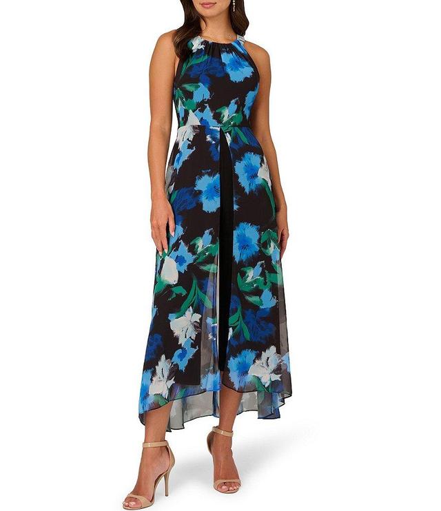 Adrianna Papell Chiffon Floral Print Halter Neck Sleeveless Walk Through Jumpsuit Product Image