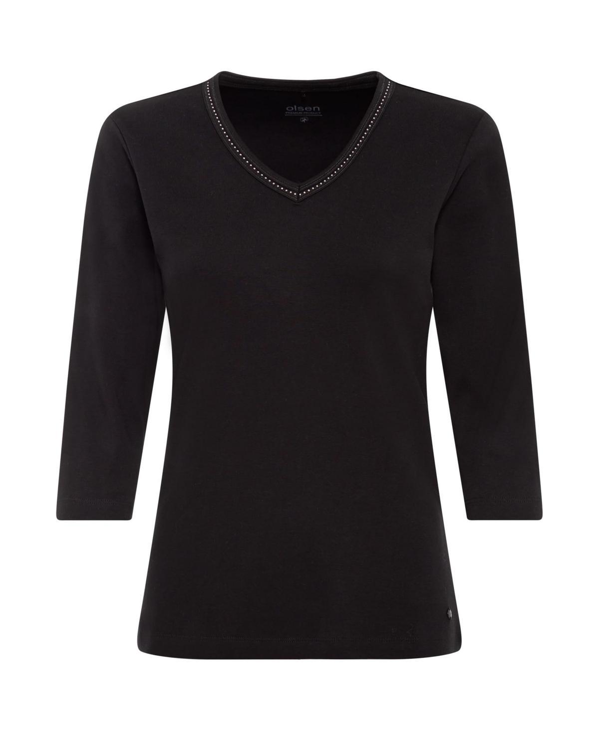 Olsen Womens 3/4 Sleeve Embellished V-Neck T-Shirt Product Image