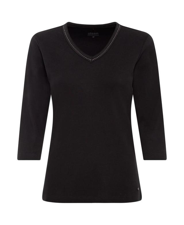 Women's 100% Organic Cotton 3/4 Sleeve Embellished V-Neck T-Shirt Product Image