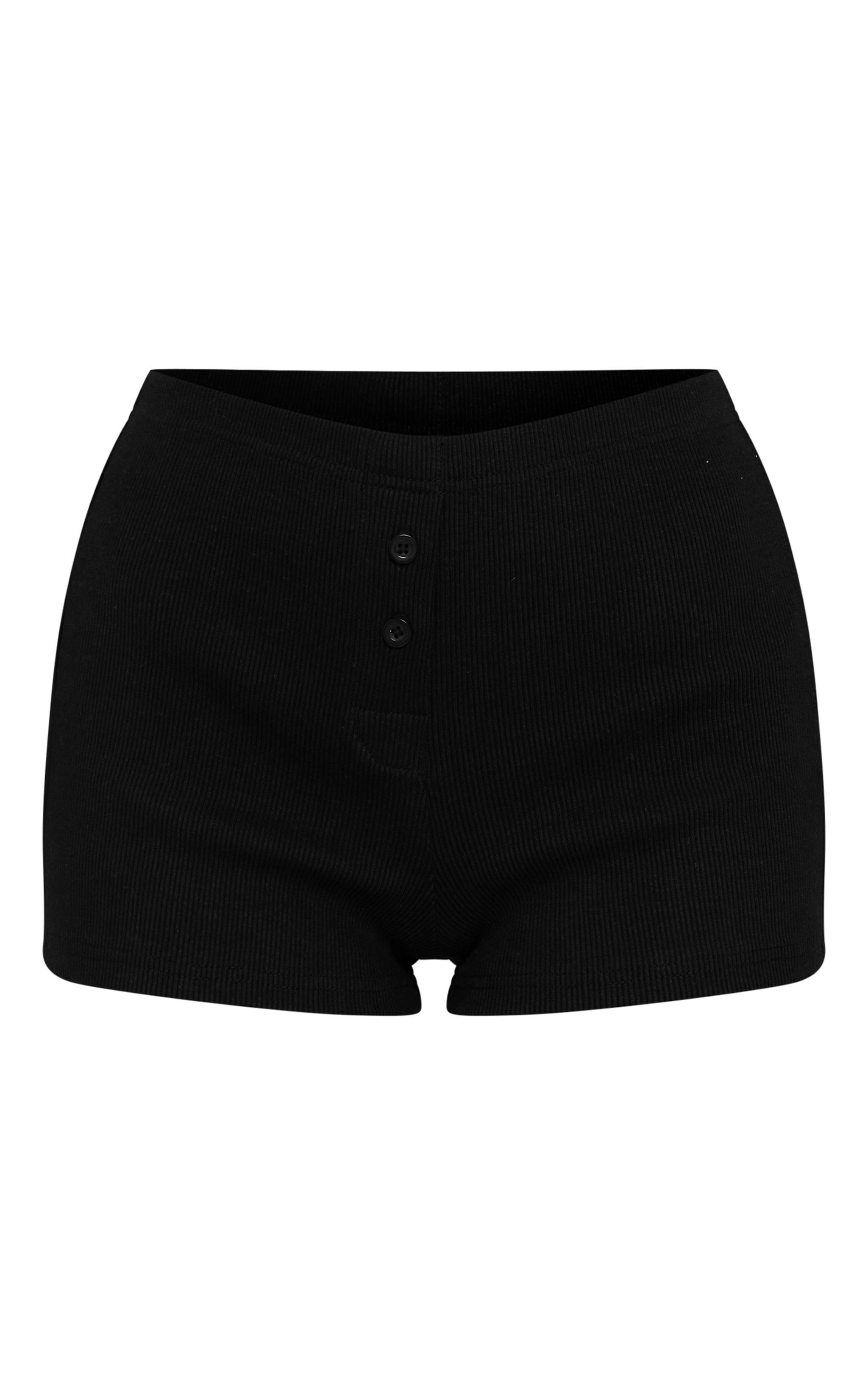 Black Heavy Rib Button Detail Hotpant Shorts Product Image