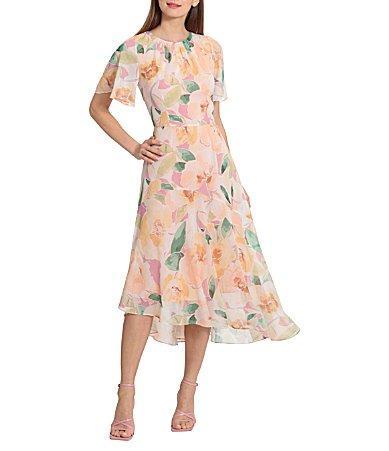 Maggy London Floral Print Short Flutter Sleeve Asymmetrical Hem Dress Product Image