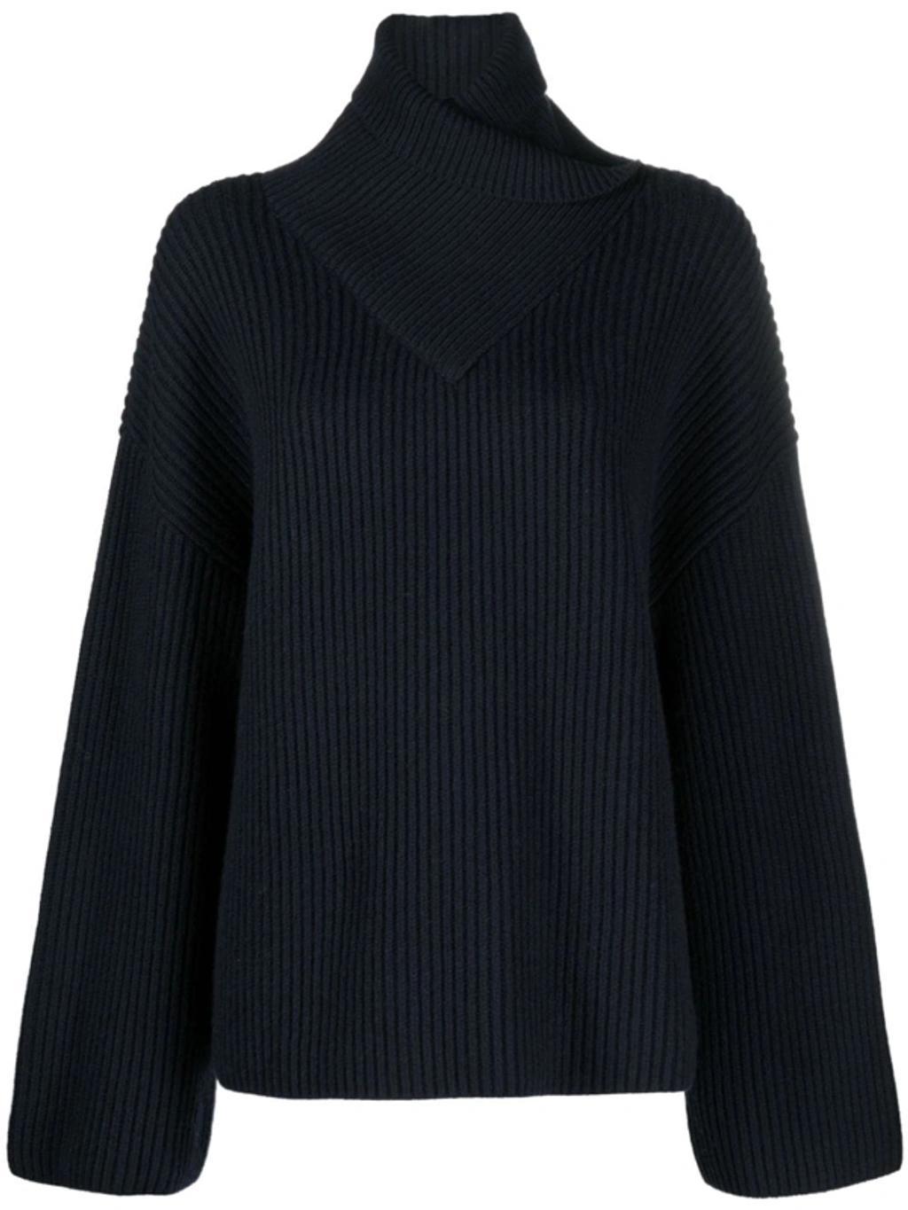 Wrap-neck Ribbed Wool Jumper In Navy Blue Product Image