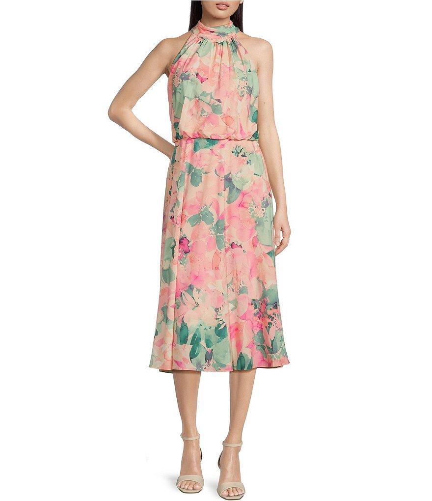 Adrianna Papell Floral Mock Halter Neck Sleeveless Blouson Midi Dress Product Image