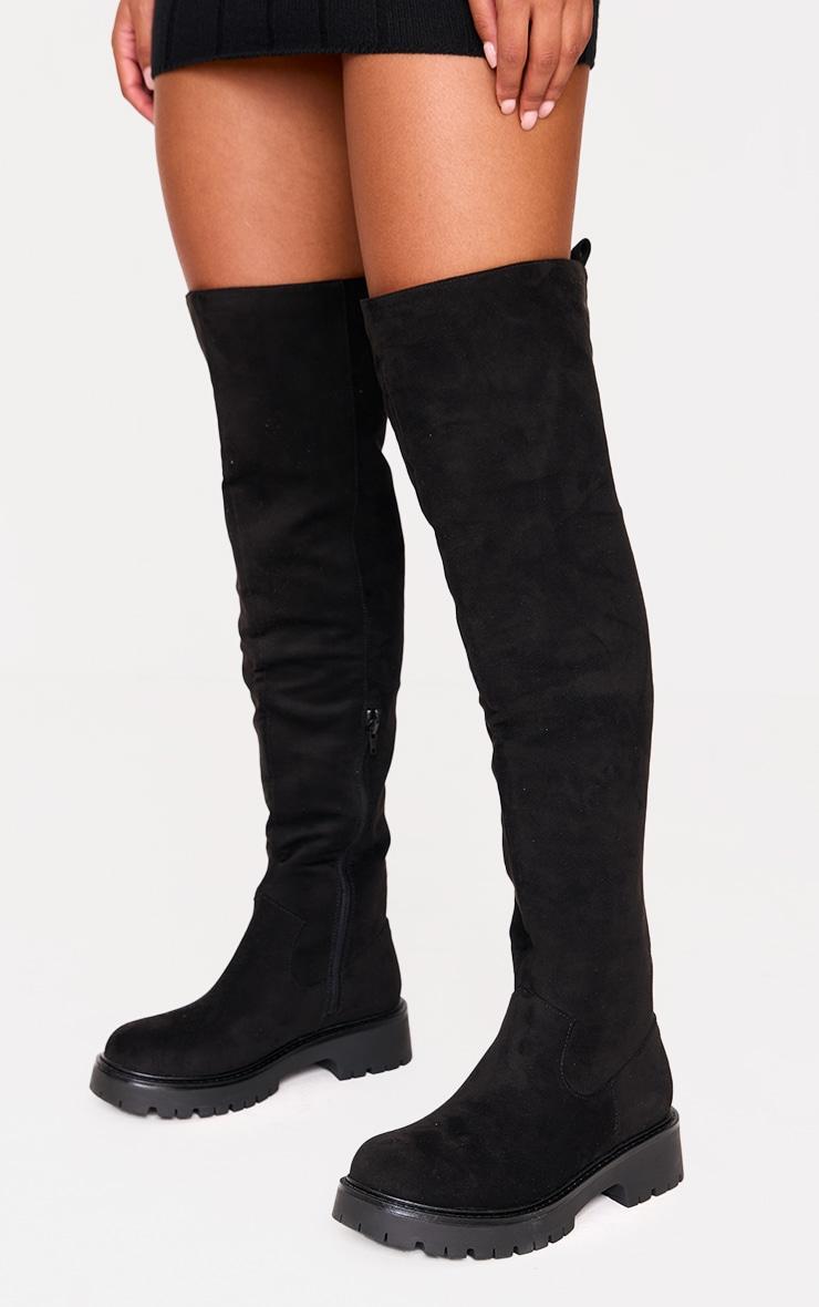 Wide Fit Black Faux Suede Round Toe Chunky Over The Knee Boots product image